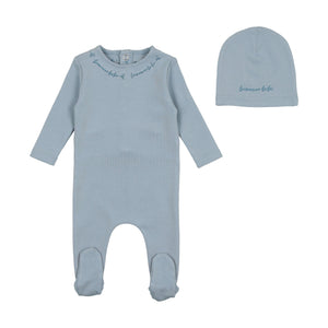 Bee and Dee Dusty Blue Script Cotton Footie With Beanie