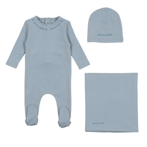 Bee and Dee Dusty Blue Script Cotton Footie With Beanie and Blanket