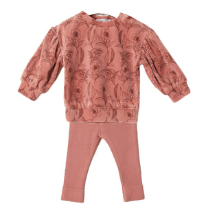 Yell-oh Rose Dawn Velour Sweatshirt w/ Flowers & Ribbed Legging Set