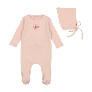 Bee and Dee Ballet Pink Cotton Small Print Footie With Bonnet