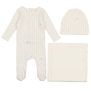 Lilette White/Pink Ribbed Star Footie 3 Pc Set (Footie+Beanie+Blanket)