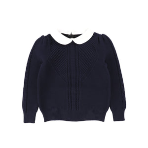 Bamboo Navy Braided Knit Sweater with Puff Sleeve