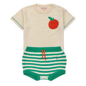 Bobo Choses Off White Baby Tomato Knitted T-Shirt & Green Stripes Knitted Culotte Set