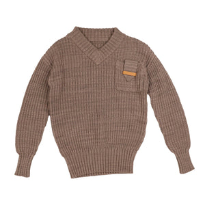 Belati Taupe Pocket Flap Detail V Neck Knit Sweater