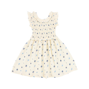 Mipounet Ecru/Blue Printed Muslin Smocked Dress