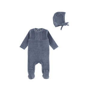 Bee and Dee Mid Blue Pleated Design Velour Footie with Bonnet