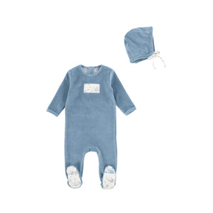 Bee and Dee Mid Blue Tea Party Print Footie with Bonnet
