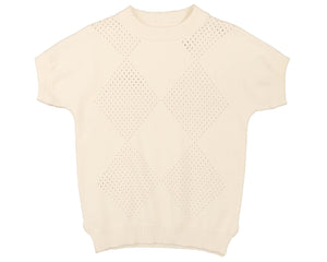 Belati Ivory Argyle Pointelle Short Sleeve Knit Sweater
