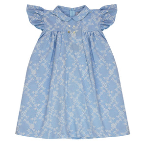 Klai Blue Embroidered Floral Dress 6 and up is 3/4 sleeve