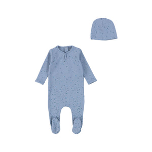 Bee and Dee Steel Blue Watercolor Dot Footie with Beanie