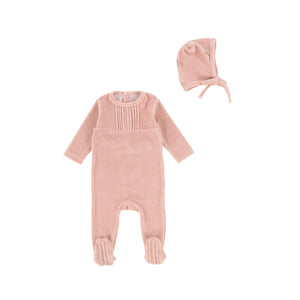 Bee and Dee Petal Pink Pleated Design Velour Footie with Bonnet